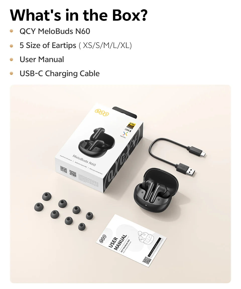 QCY MeloBuds N60 Wireless Earbuds – 56dB ANC, Bluetooth 6.0, Hi-Res LDAC, 45H Battery